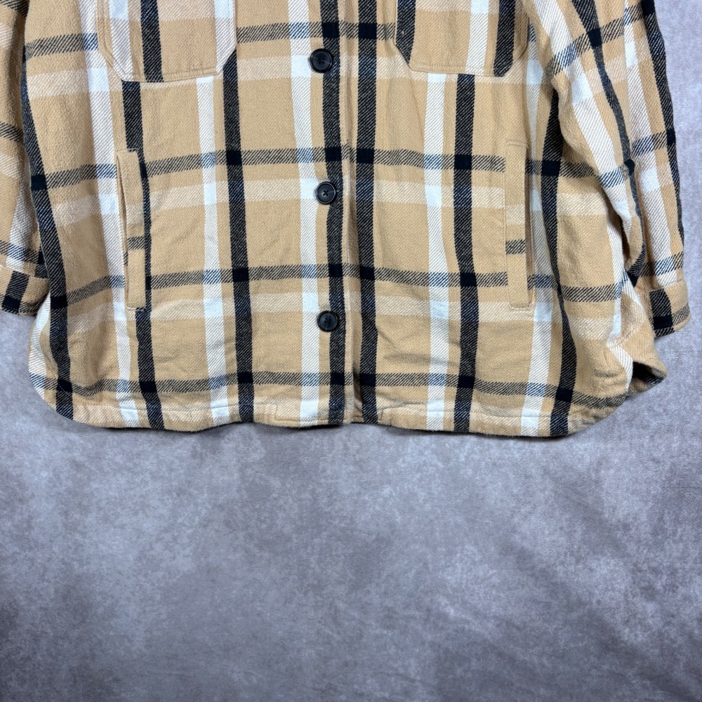 Lucky Brand Shacket Womens XL Tan Plaid Button Up Oversized Cotton Flannel Coat - Picture 3 of 9